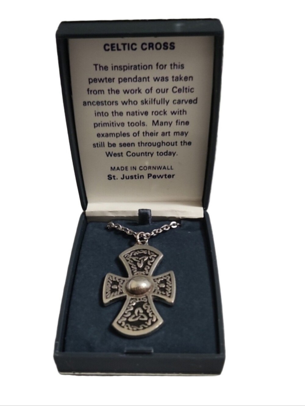 St. Justin Pewter Celtic Cross Pendant Necklace Vintage